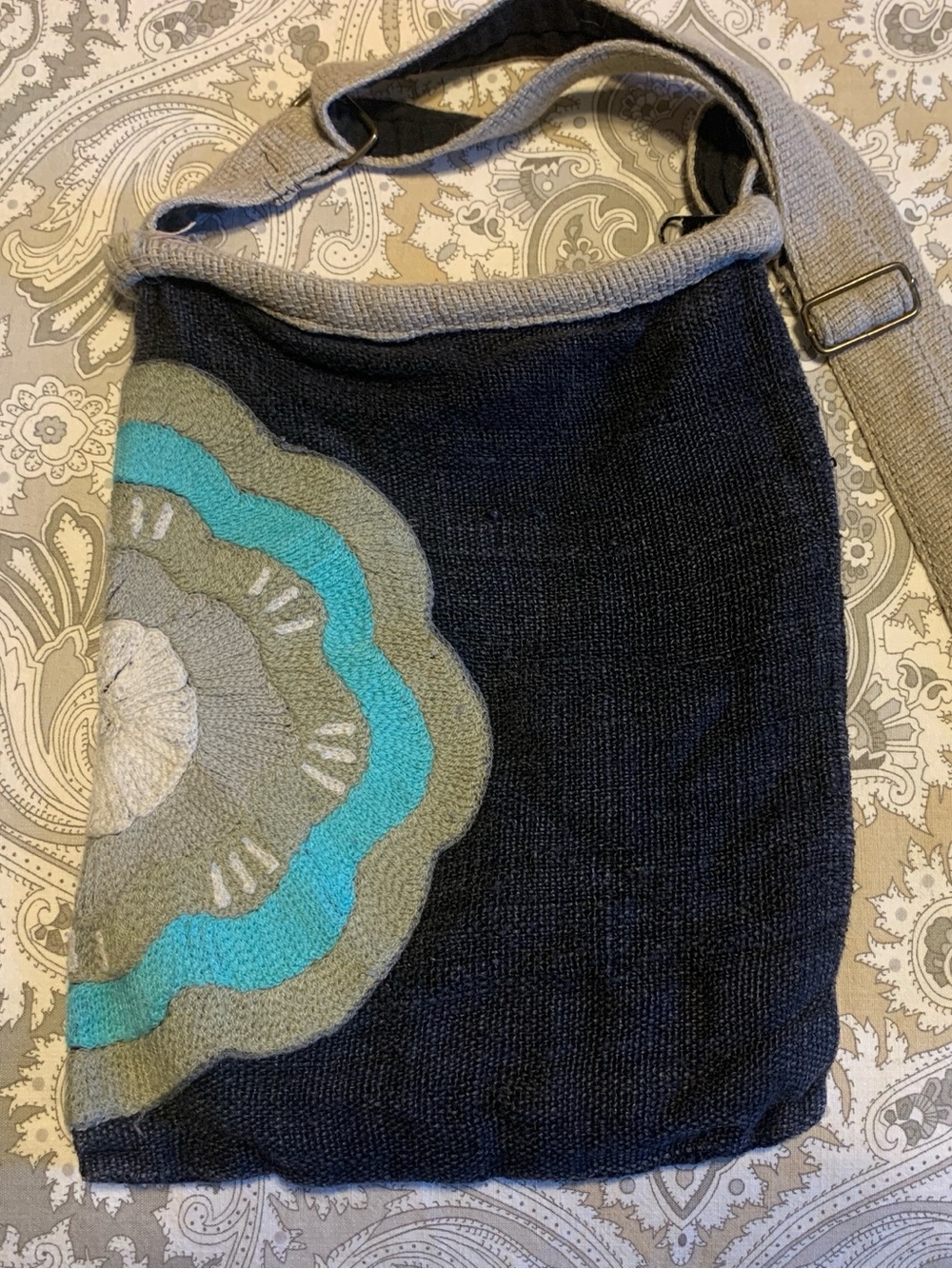 Handknit Black Shoulder Bag with Teal & Gray Floral Accent